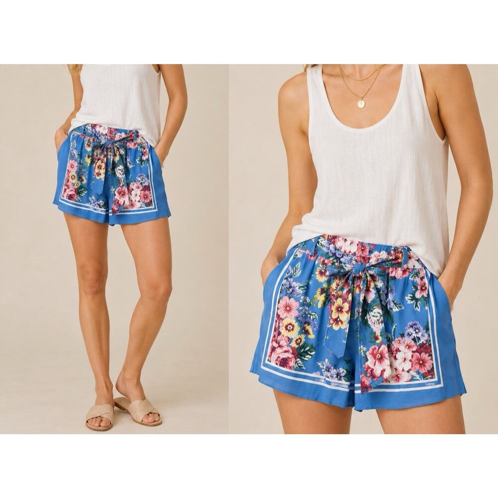 NEW Maeve Anthropologie Pull On Shorts XS Blue Floral Scarf Printed Tie Waist